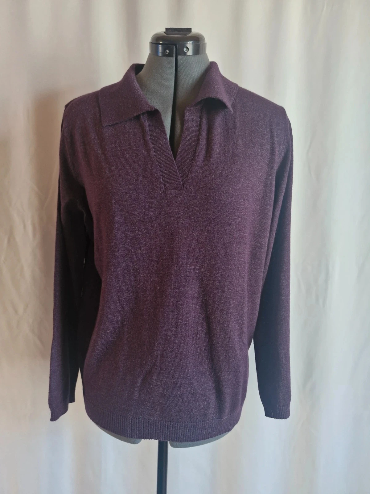 Pull polo Adoré Paris S/M violet prune maille fine col polo manches longues